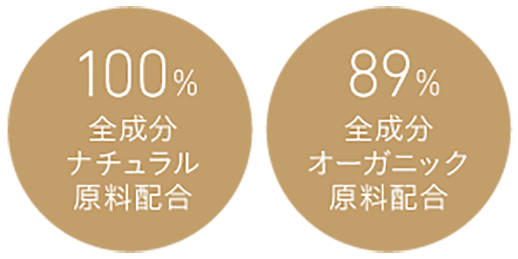 100%ナチュラル原料配合　89%全成分オーガニック原料配合